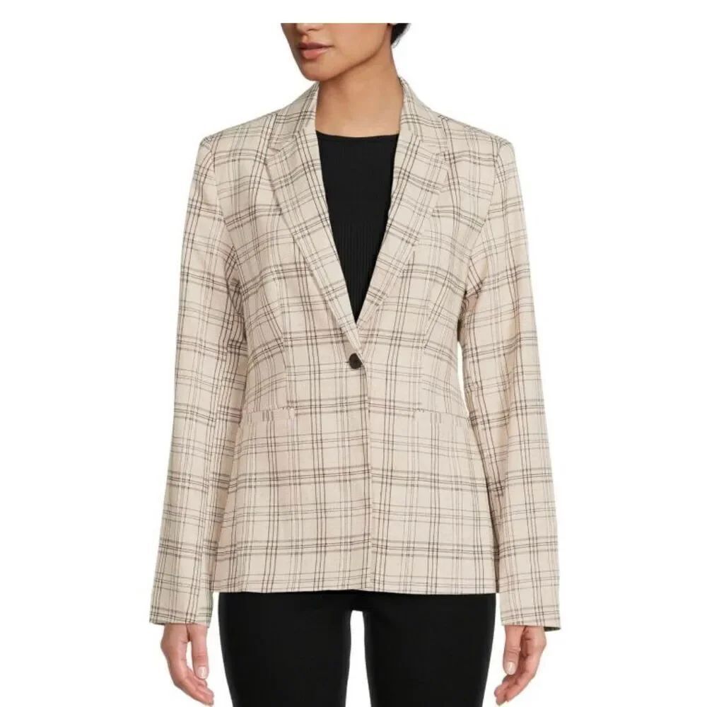 TAHARI T Womens Plaid Linen One-Button Blazer